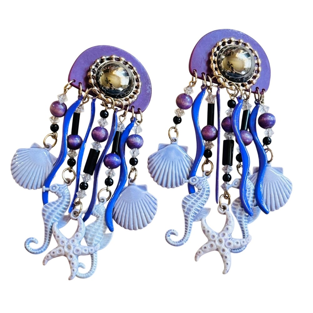 VTG 80s Runway Seahorse Starfish Clam Earrings Mermaid Purple Dangle Lucite Clip